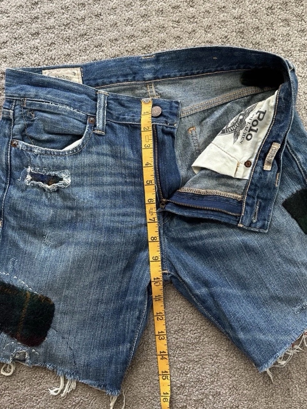 Polo by Ralph Lauren Blue Distressed Denim Shorts with Plaid Patches size 27 - Picture 5 of 10